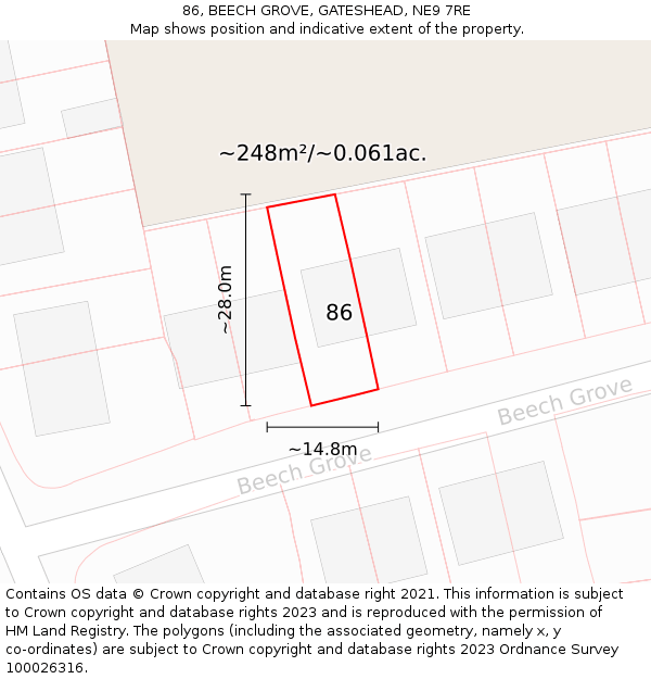 86, BEECH GROVE, GATESHEAD, NE9 7RE: Plot and title map