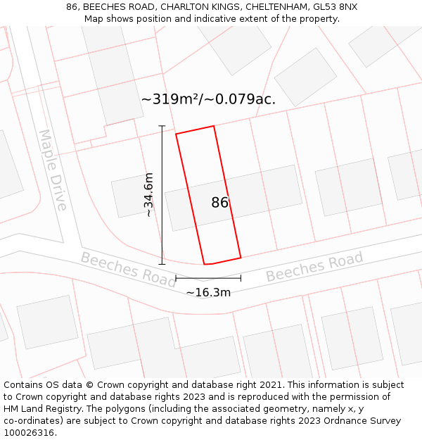 86, BEECHES ROAD, CHARLTON KINGS, CHELTENHAM, GL53 8NX: Plot and title map