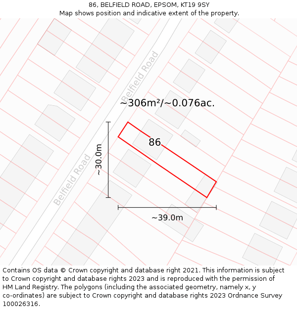 86, BELFIELD ROAD, EPSOM, KT19 9SY: Plot and title map
