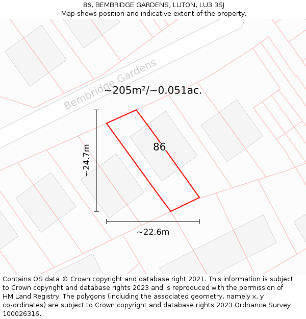 86, BEMBRIDGE GARDENS, LUTON, LU3 3SJ: Plot and title map