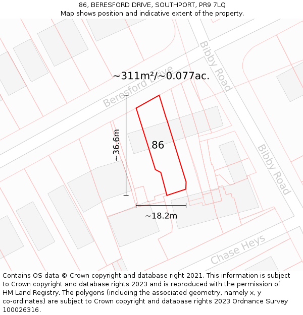 86, BERESFORD DRIVE, SOUTHPORT, PR9 7LQ: Plot and title map