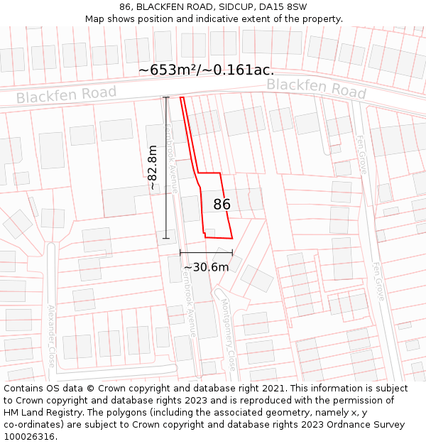 86, BLACKFEN ROAD, SIDCUP, DA15 8SW: Plot and title map
