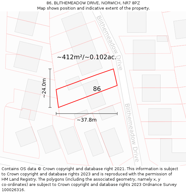 86, BLITHEMEADOW DRIVE, NORWICH, NR7 8PZ: Plot and title map