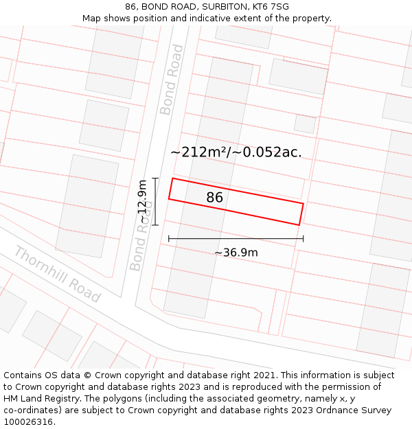 86, BOND ROAD, SURBITON, KT6 7SG: Plot and title map