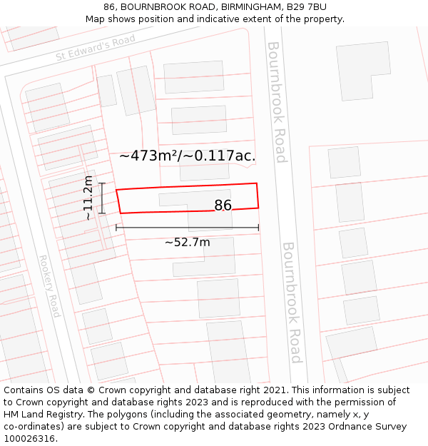 86, BOURNBROOK ROAD, BIRMINGHAM, B29 7BU: Plot and title map