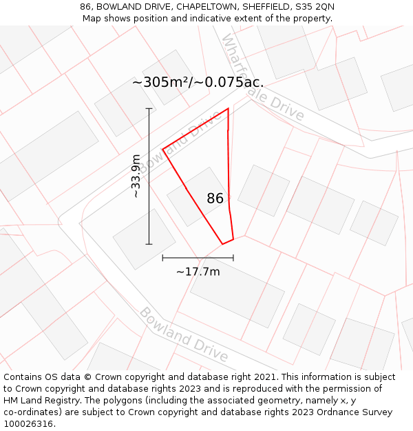 86, BOWLAND DRIVE, CHAPELTOWN, SHEFFIELD, S35 2QN: Plot and title map