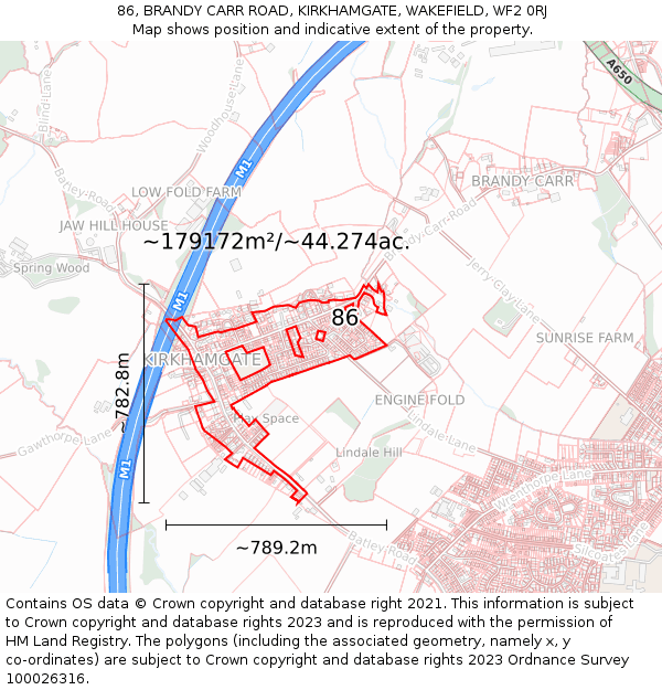 86, BRANDY CARR ROAD, KIRKHAMGATE, WAKEFIELD, WF2 0RJ: Plot and title map