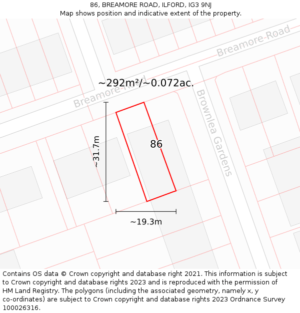 86, BREAMORE ROAD, ILFORD, IG3 9NJ: Plot and title map