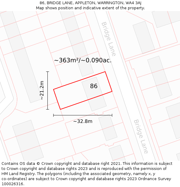 86, BRIDGE LANE, APPLETON, WARRINGTON, WA4 3AJ: Plot and title map