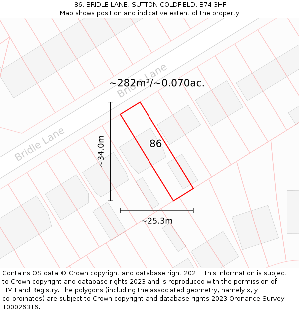 86, BRIDLE LANE, SUTTON COLDFIELD, B74 3HF: Plot and title map
