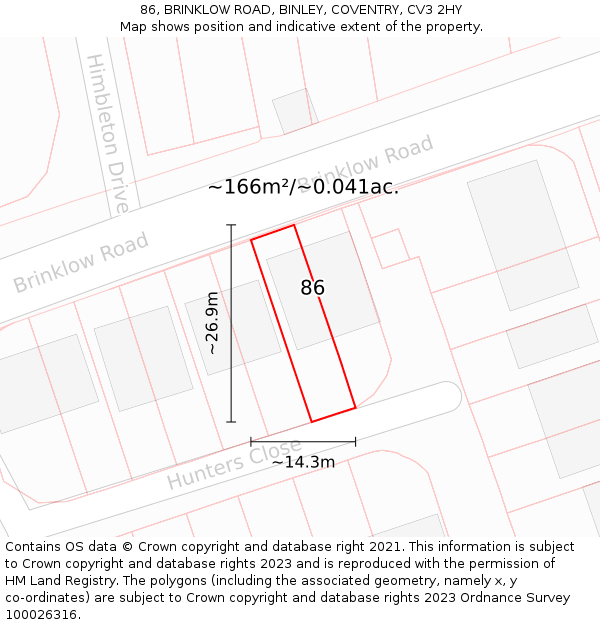 86, BRINKLOW ROAD, BINLEY, COVENTRY, CV3 2HY: Plot and title map