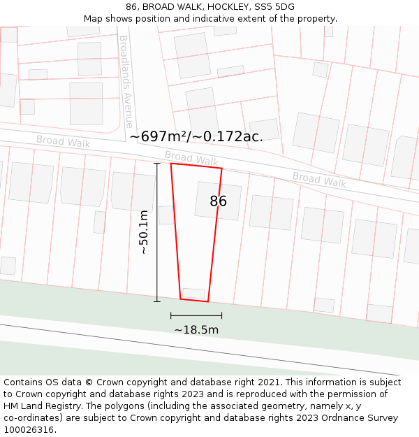 86, BROAD WALK, HOCKLEY, SS5 5DG: Plot and title map