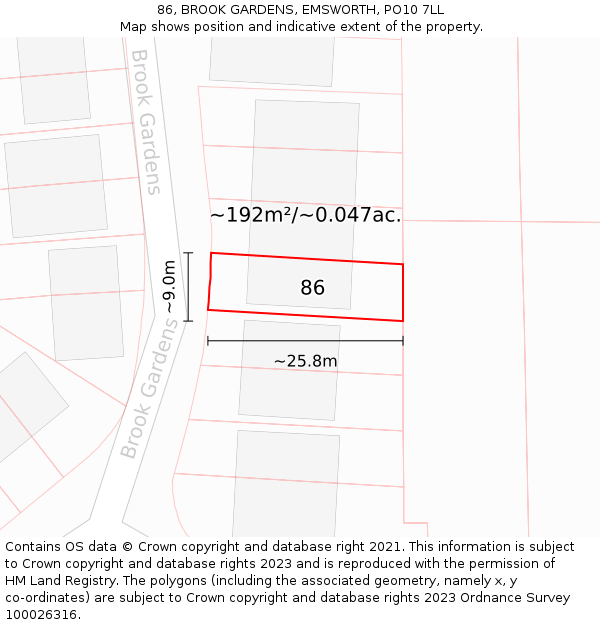 86, BROOK GARDENS, EMSWORTH, PO10 7LL: Plot and title map