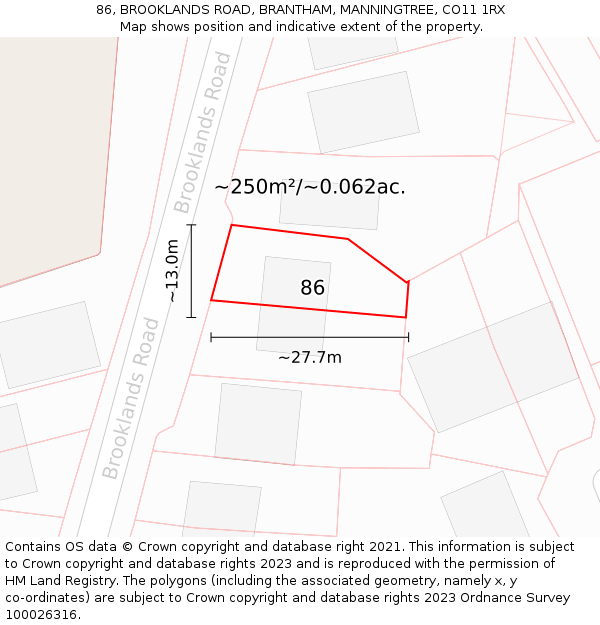 86, BROOKLANDS ROAD, BRANTHAM, MANNINGTREE, CO11 1RX: Plot and title map