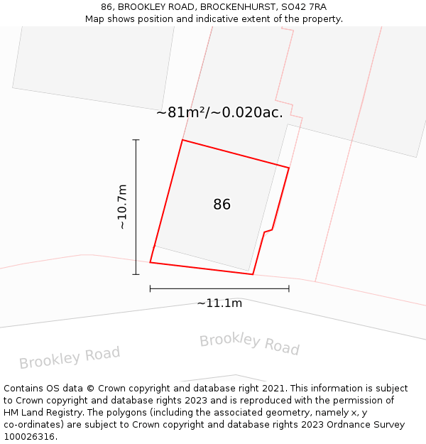 86, BROOKLEY ROAD, BROCKENHURST, SO42 7RA: Plot and title map