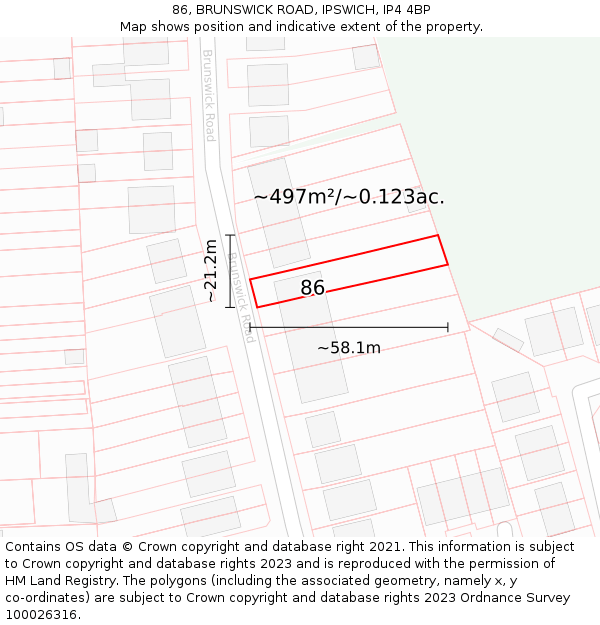 86, BRUNSWICK ROAD, IPSWICH, IP4 4BP: Plot and title map