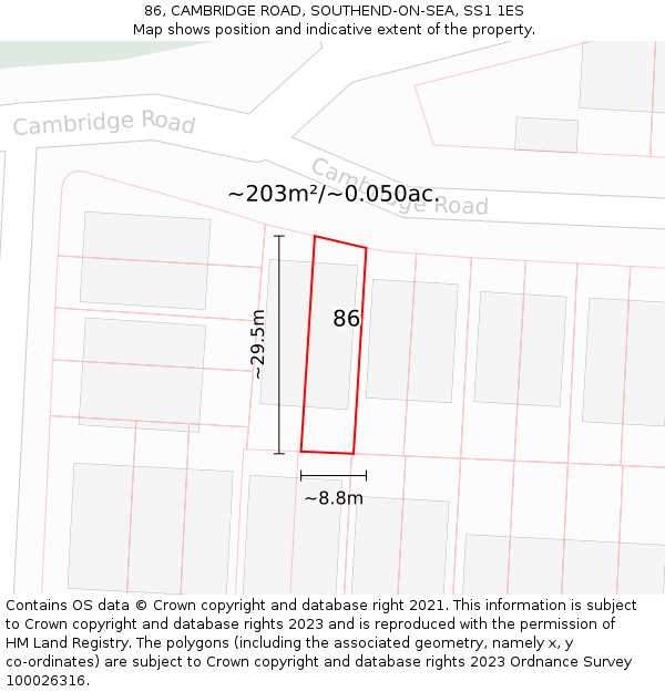86, CAMBRIDGE ROAD, SOUTHEND-ON-SEA, SS1 1ES: Plot and title map