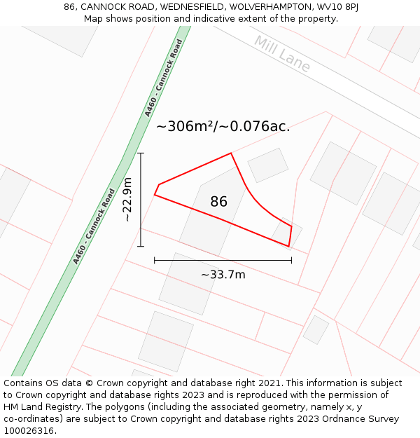 86, CANNOCK ROAD, WEDNESFIELD, WOLVERHAMPTON, WV10 8PJ: Plot and title map