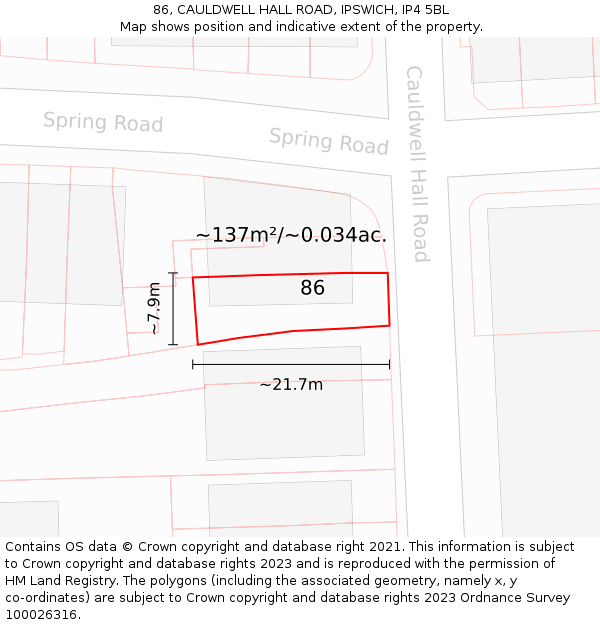 86, CAULDWELL HALL ROAD, IPSWICH, IP4 5BL: Plot and title map