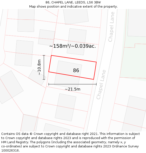 86, CHAPEL LANE, LEEDS, LS6 3BW: Plot and title map