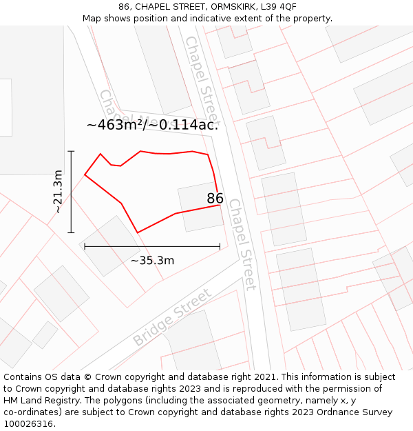 86, CHAPEL STREET, ORMSKIRK, L39 4QF: Plot and title map