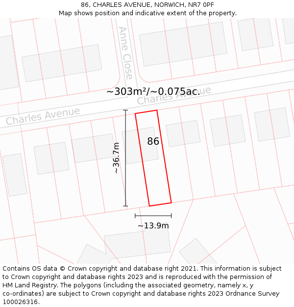 86, CHARLES AVENUE, NORWICH, NR7 0PF: Plot and title map