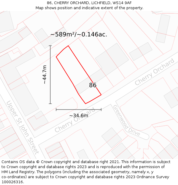 86, CHERRY ORCHARD, LICHFIELD, WS14 9AF: Plot and title map