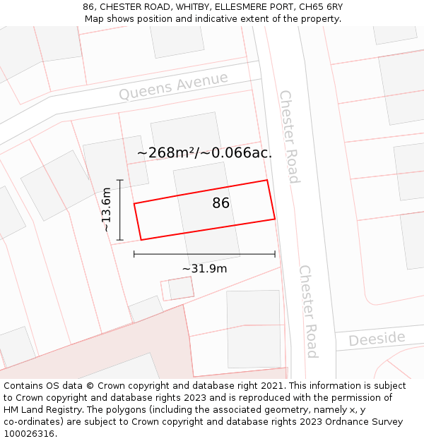 86, CHESTER ROAD, WHITBY, ELLESMERE PORT, CH65 6RY: Plot and title map