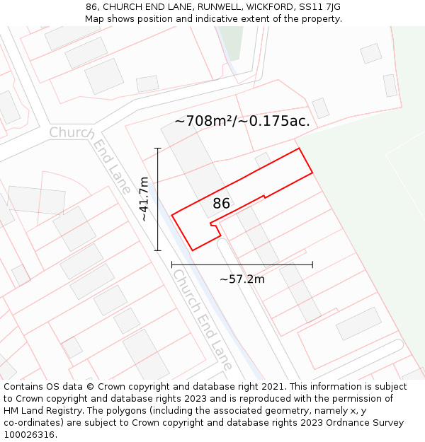 86, CHURCH END LANE, RUNWELL, WICKFORD, SS11 7JG: Plot and title map