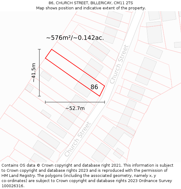 86, CHURCH STREET, BILLERICAY, CM11 2TS: Plot and title map