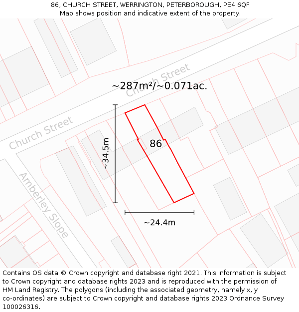 86, CHURCH STREET, WERRINGTON, PETERBOROUGH, PE4 6QF: Plot and title map
