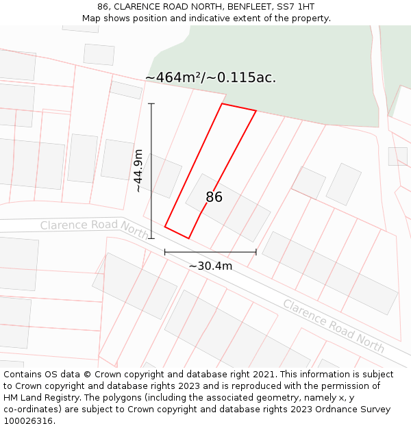 86, CLARENCE ROAD NORTH, BENFLEET, SS7 1HT: Plot and title map
