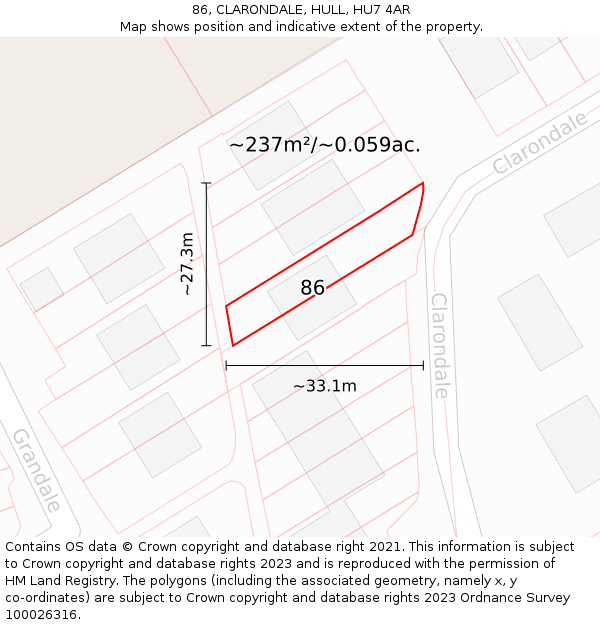 86, CLARONDALE, HULL, HU7 4AR: Plot and title map