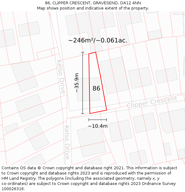 86, CLIPPER CRESCENT, GRAVESEND, DA12 4NN: Plot and title map