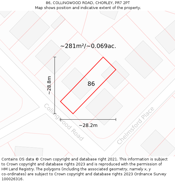 86, COLLINGWOOD ROAD, CHORLEY, PR7 2PT: Plot and title map