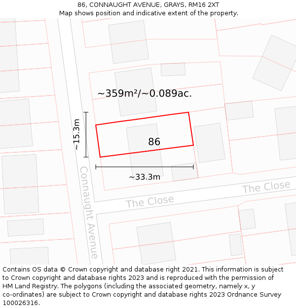 86, CONNAUGHT AVENUE, GRAYS, RM16 2XT: Plot and title map