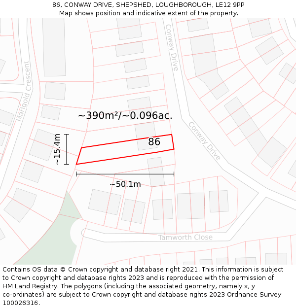 86, CONWAY DRIVE, SHEPSHED, LOUGHBOROUGH, LE12 9PP: Plot and title map