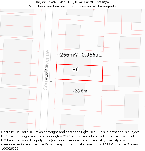 86, CORNWALL AVENUE, BLACKPOOL, FY2 9QW: Plot and title map