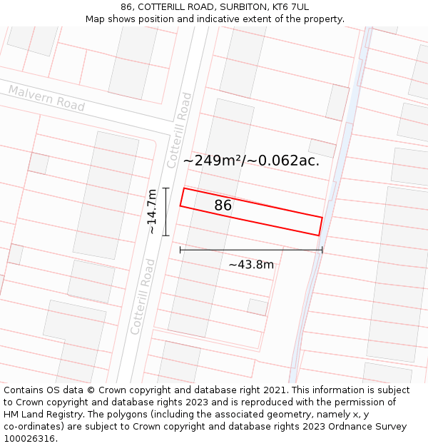 86, COTTERILL ROAD, SURBITON, KT6 7UL: Plot and title map