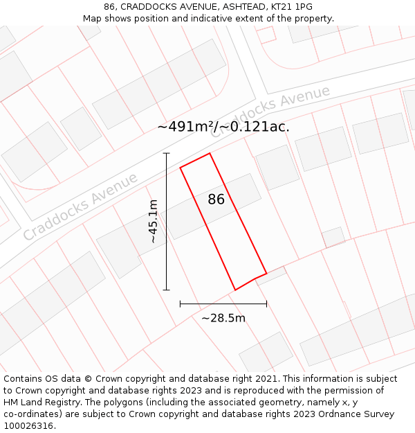86, CRADDOCKS AVENUE, ASHTEAD, KT21 1PG: Plot and title map