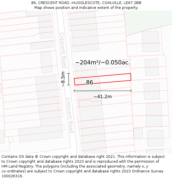 86, CRESCENT ROAD, HUGGLESCOTE, COALVILLE, LE67 2BB: Plot and title map