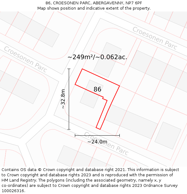 86, CROESONEN PARC, ABERGAVENNY, NP7 6PF: Plot and title map