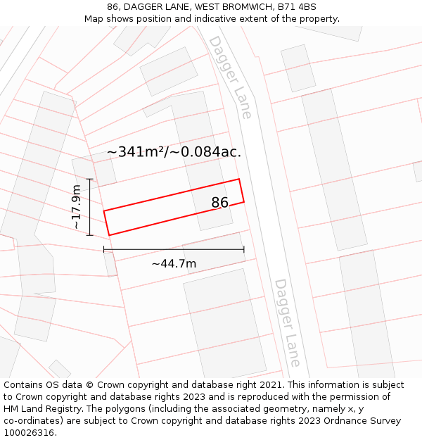86, DAGGER LANE, WEST BROMWICH, B71 4BS: Plot and title map