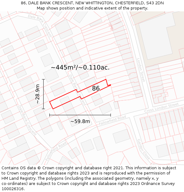 86, DALE BANK CRESCENT, NEW WHITTINGTON, CHESTERFIELD, S43 2DN: Plot and title map