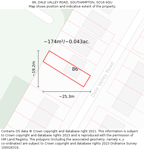 86, DALE VALLEY ROAD, SOUTHAMPTON, SO16 6QU: Plot and title map