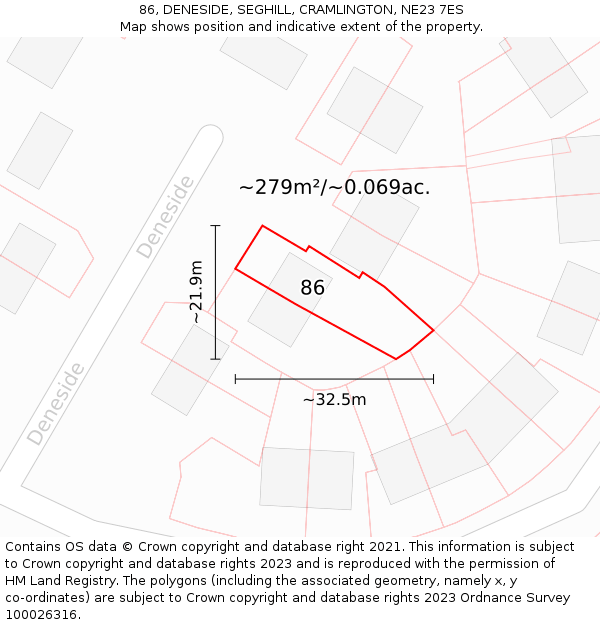 86, DENESIDE, SEGHILL, CRAMLINGTON, NE23 7ES: Plot and title map