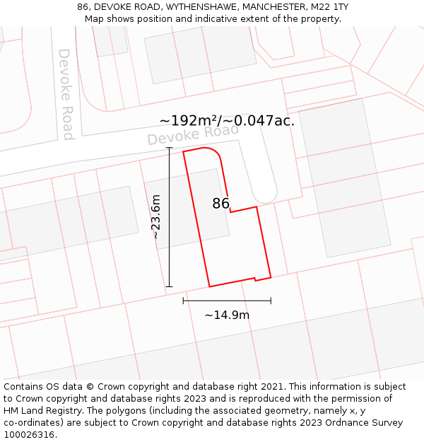 86, DEVOKE ROAD, WYTHENSHAWE, MANCHESTER, M22 1TY: Plot and title map