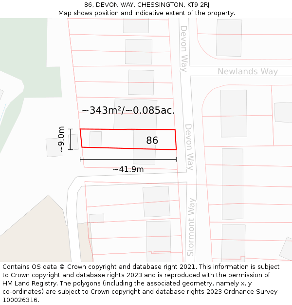 86, DEVON WAY, CHESSINGTON, KT9 2RJ: Plot and title map