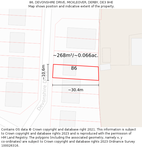 86, DEVONSHIRE DRIVE, MICKLEOVER, DERBY, DE3 9HE: Plot and title map