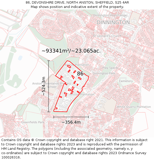 86, DEVONSHIRE DRIVE, NORTH ANSTON, SHEFFIELD, S25 4AR: Plot and title map